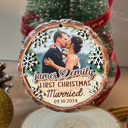 Custom Wedding Photo 2-Layer Wood Slice Ornament