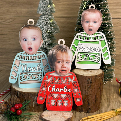 Custom Face Photo Funny Ugly Sweater 2-Layer Wood Ornament