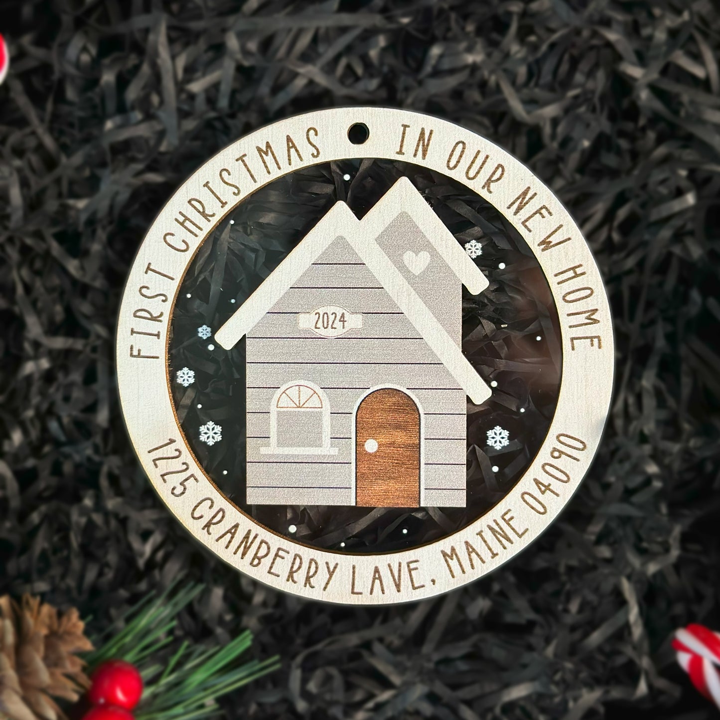 Custom First Christmas In Our New Home Wood and Acrylic Ornament