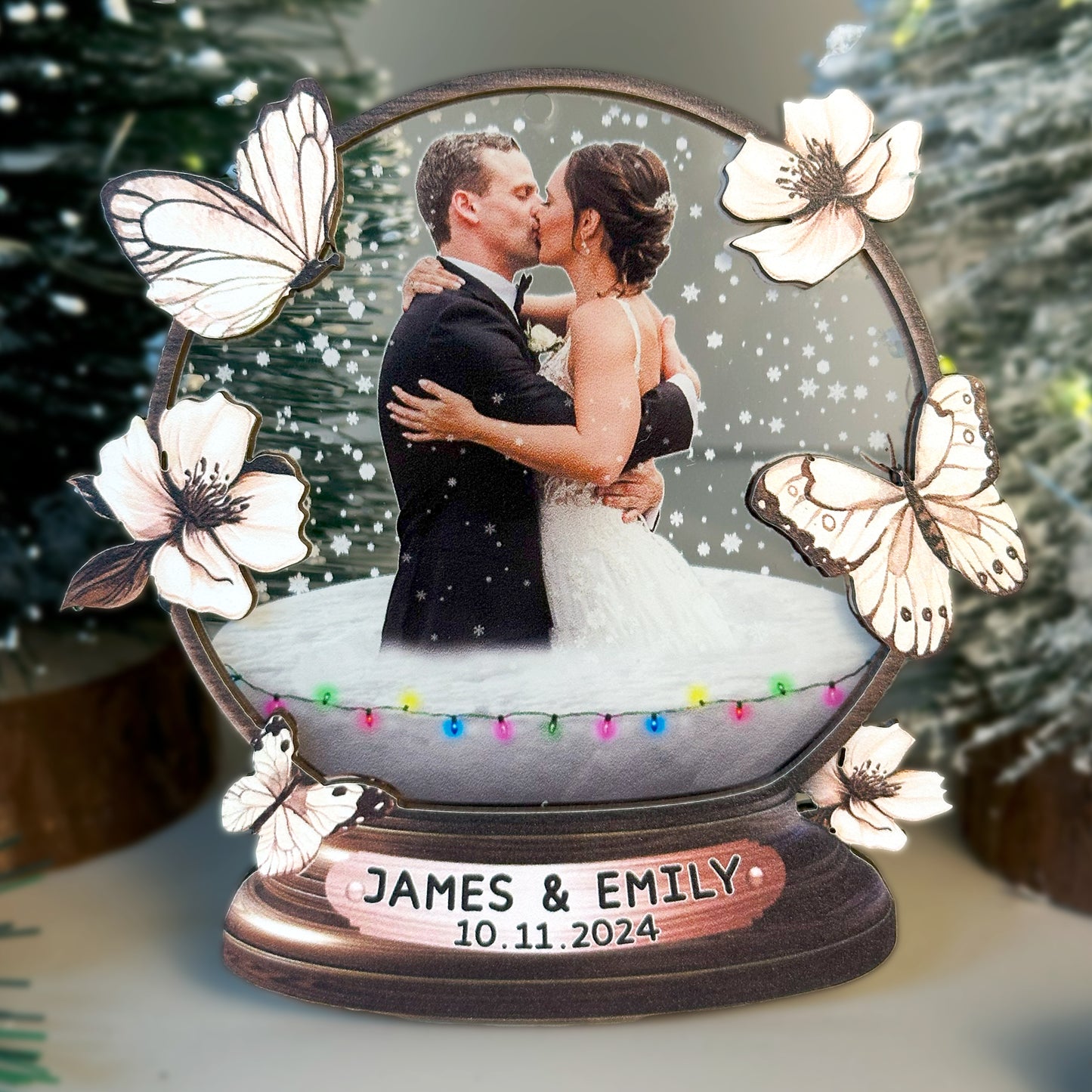 Custom Wedding Photo Snowball Wood and Acrylic Ornament