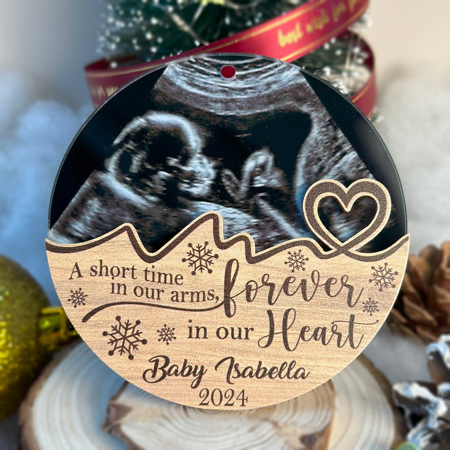 Custom Ultrasound Photo Baby Memorial Wood and Acrylic Ornament